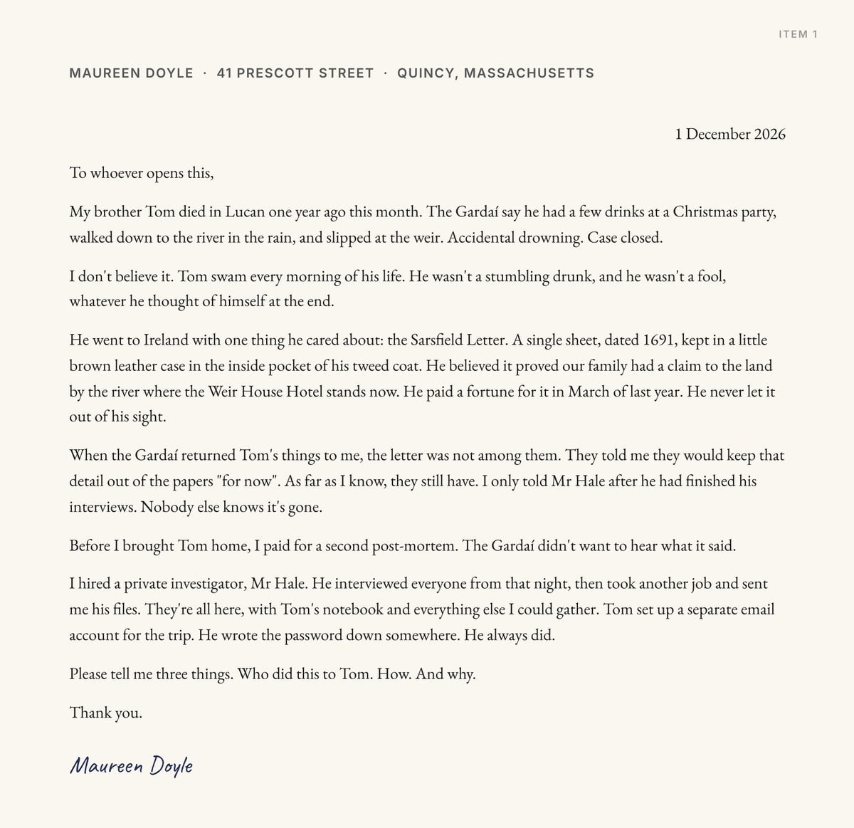 Maureen Doyle's typed letter asking who killed her brother Tom